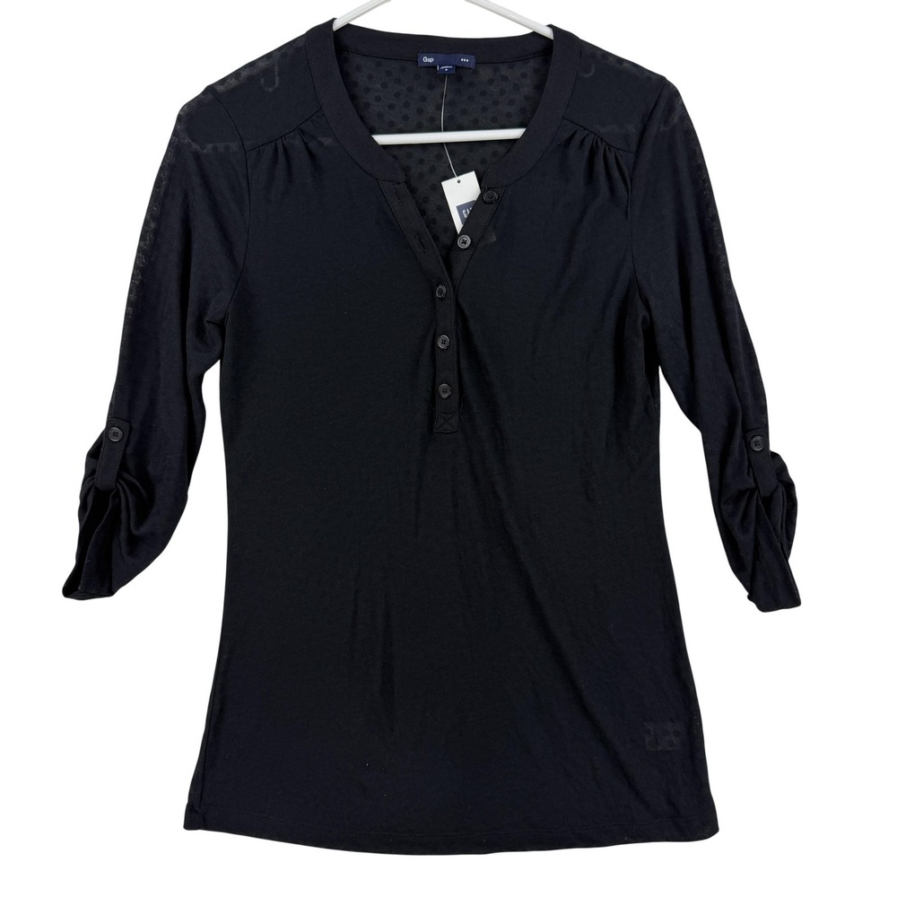 Gap Shirt Womens Small Black Polka Dot Sheer Yoke 3/4 Sleeve Henley Top Roll Tab
